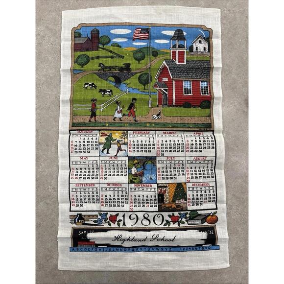 Source Unknown Other - 1980 Linen Tea Towel Calendar Highland School Vintage Home Decor Wall Hanging